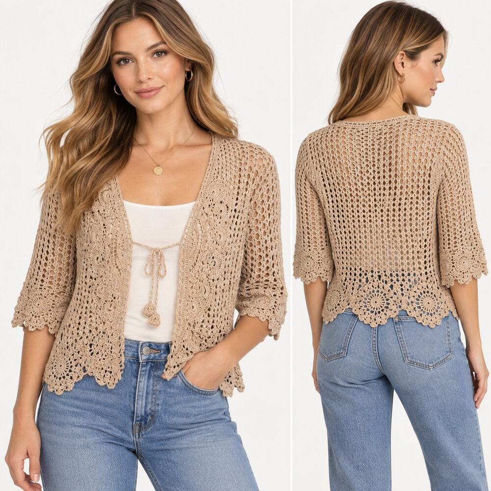 Worthington Women’s L Crochet Cardigan Beige Open Knit Boho Tie Front 3/4 Sleeve